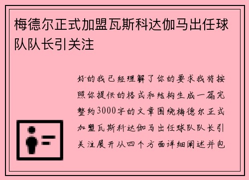 梅德尔正式加盟瓦斯科达伽马出任球队队长引关注