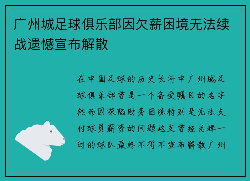 广州城足球俱乐部因欠薪困境无法续战遗憾宣布解散