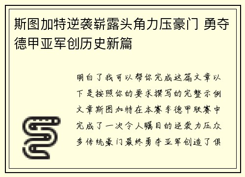 斯图加特逆袭崭露头角力压豪门 勇夺德甲亚军创历史新篇