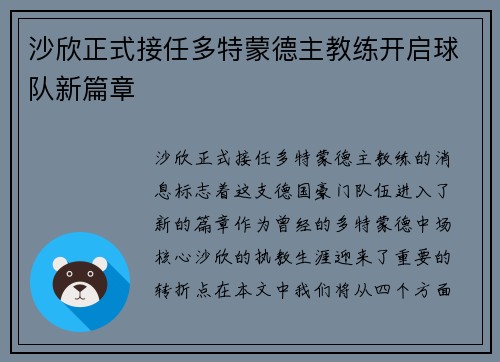沙欣正式接任多特蒙德主教练开启球队新篇章